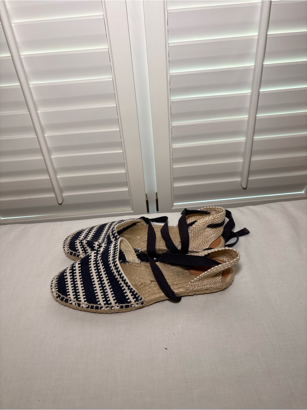 Castaner Woven Espadrille Flats with Navy Stripes and Ankle Ties